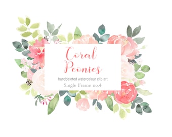 Peonies Watercolor Clipart Frame, Rectangular Floral Frame, DIY wedding Invitation, Logo, Party Invite, Coral Pink Peony, Pretty Flower PNG