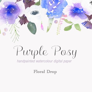 Watercolour Floral Drop Clip Art - Purple Posy, White Anemone, Purple Pansy, Blue Purple Rose