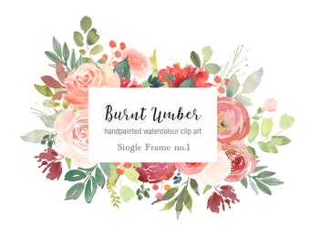 Burnt Umber Clipart Frame, Floral Watercolor Clipart, Instant Download, DIY Logo, Branding Clipart, Autumn Flower Clipart, Floral Border PNG