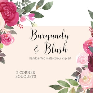 Corner Floral Bouquet Clipart - Watercolor Clip Art Flower Arrangements, burgundy and blush roses PNG files for wedding stationary and more