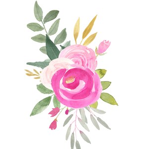 Watercolor Clipart Floral Arrangements in Pink Roses and Gold Leaves ...