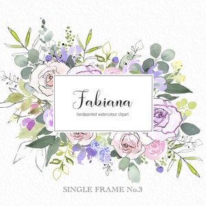 Imágenes prediseñadas de marco de borde de flores, rosas de acuarela rosa y lila con hermosos dibujos lineales, descarga instantánea, clip art de boda DIY, logotipo PNG