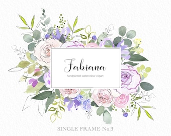 Flower Border Frame Clipart, Pink and Lilac Watercolor Roses with  beautiful line drawings, Instant Download, DIY Wedding Clip Art, Logo PNG