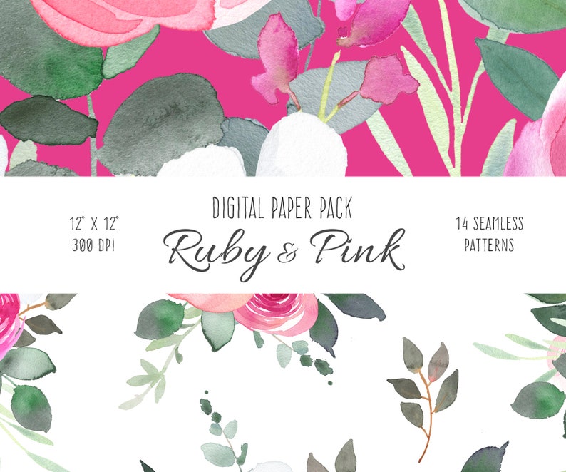 Floral Digital Paper - Ruby and Red Rose Watercolor Decoupage Download ...