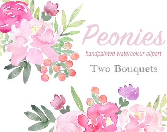 Pink Peonies Hand Painted Clipart Pink Floral - Two Bouquets, floral arrangement, wedding graphics, Flower PNG, wedding floral clipart