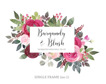 Burgundy and Blush Clipart Frame, Watercolor Clipart PNG, Digital Download, DIY wedding Graphics, Logo, Branding, Maroon Rose Clipart