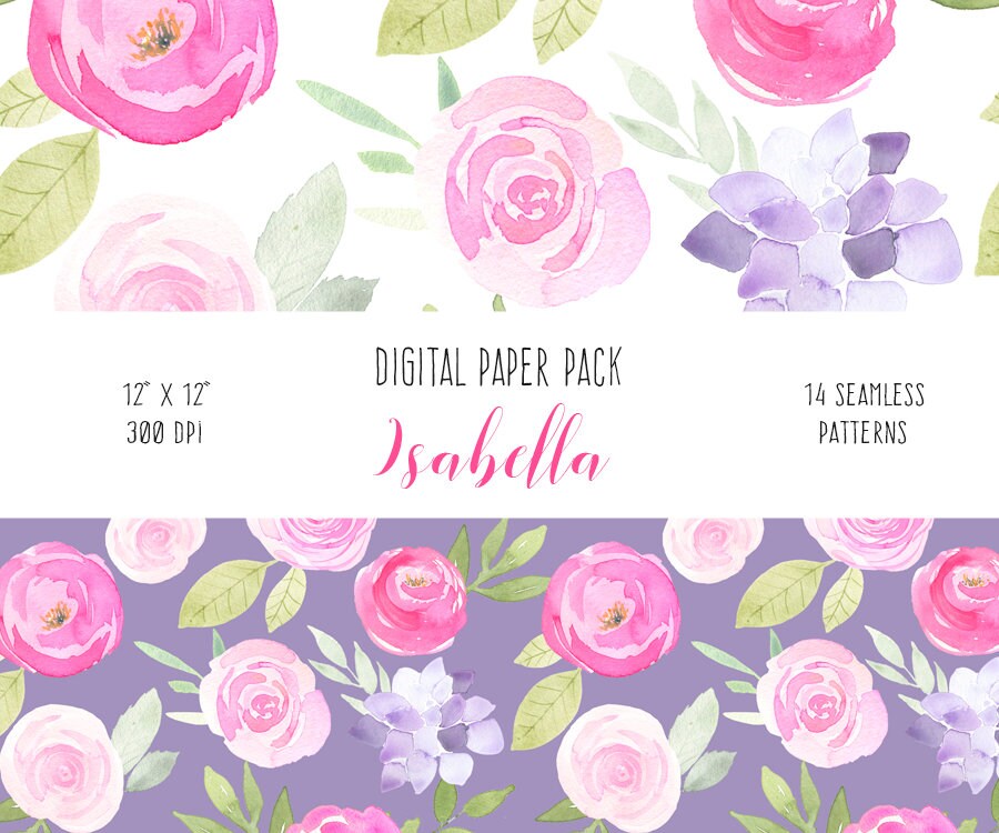 Watercolor Floral Digital Paper Pack - Decoupage Paper, Roses Repeat ...