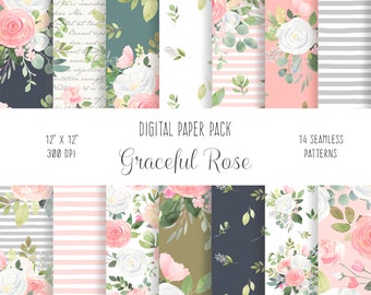 Digital Floral Paper Pack - 14 seamless patterns of pink and white watercolor flower designs - use for phone wallpaper, backgrounds and more