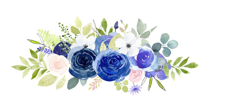Flower Watercolor Clipart, Navy and Blush Clipart, Handpainted ...