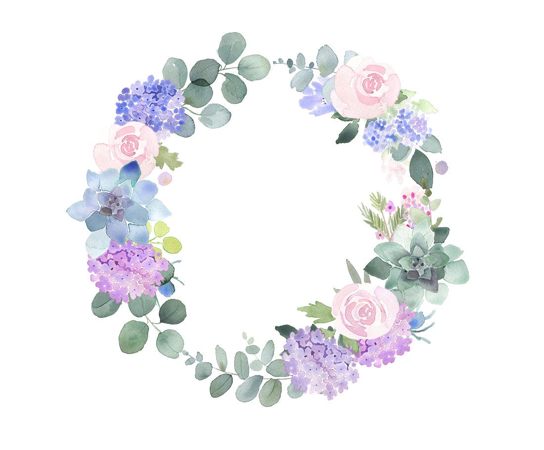 Watercolor Clip Art Floral Wreath Pink and Lilac Roses With | Etsy