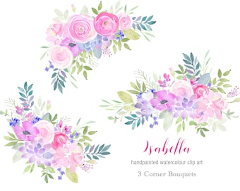 Corner Bouquets Clipart, Pink and Purple Watercolor Flowers Clipart, Floral Clip Art, DIY Wedding Graphics, Pink Roses, Invitation Clipart