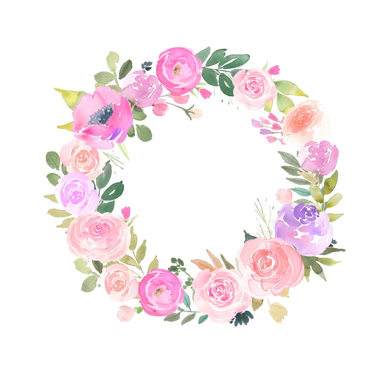 Floral Wreath Watercolor Clipart With Pink and Purple Roses - Etsy UK