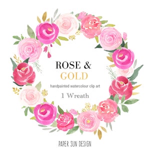 Handgezeichneten Blumenkranz - Rosa und gold Rosen, Aquarell Clipart, einzelne PNG-Datei, vorgefertigte Babyshower Grafiken
