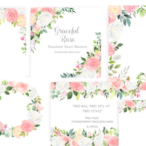 Aquarell Rose Clipart Rahmen, rosa und weiß Clip Art, Aquarell Clipart Vorlagen, DIY Hochzeit florale Rahmen, Rose Clipart Borders