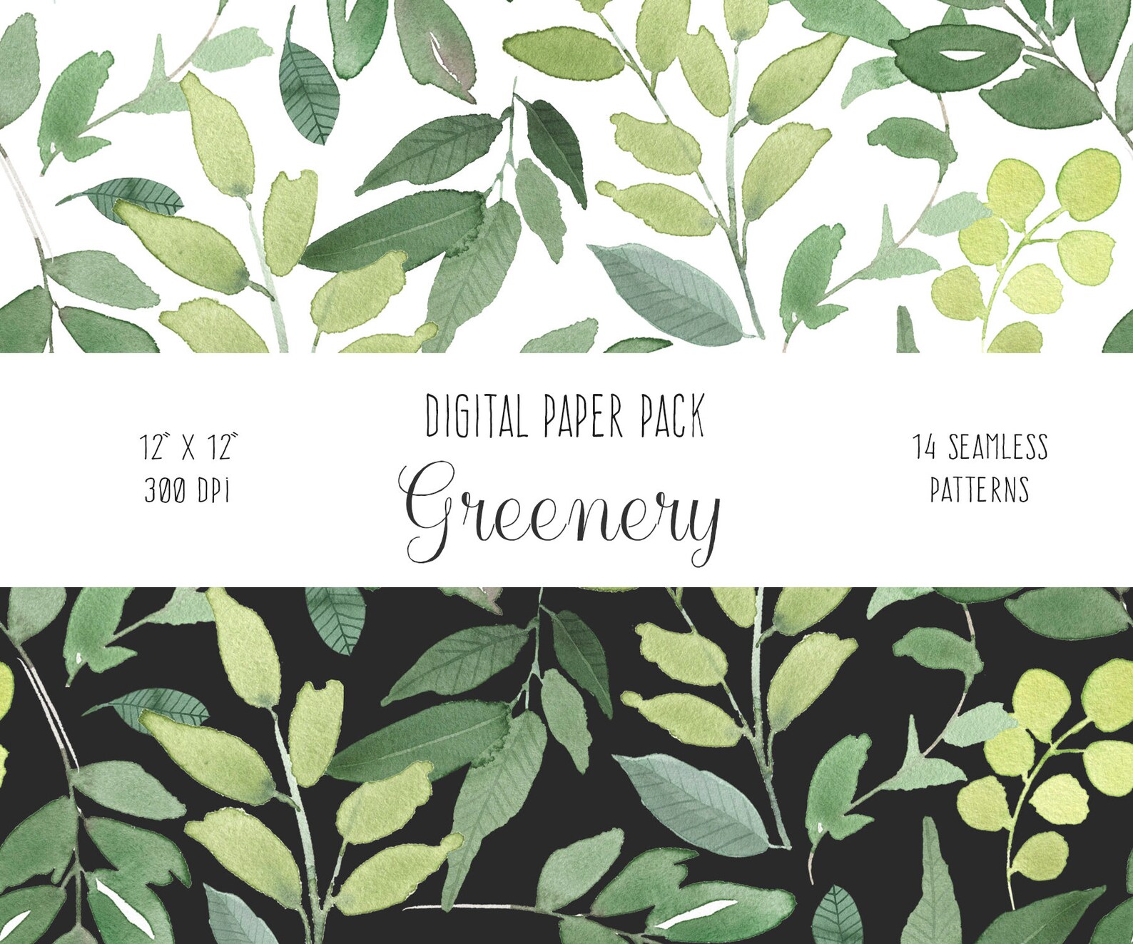 Greenery Digital Paper Pack - Green Leaves Seamless Patterns, Repeat ...