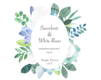White Roses and Succulents Oval Clipart Frame, Watercolour Clip Art, Watercolor Floral Frame, Do It Yourself Frame, Succulents Clipart PNG
