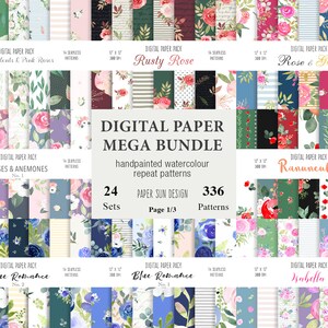 Floral Digital Paper Bundle, Watercolor Flower Repeat Patterns Download ...