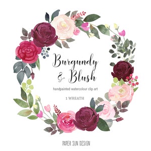 Burgundy and Blush Rose Wreath - Watercolor Clipart Floral Wreath, red and maroon flowers, roses and berries wedding graphics, PNG file
