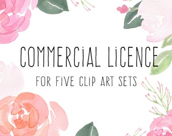 Commercial Licence for 5 sets, watercolour clipart, flower clipart, floral graphics, handpainted clipart, hand painted clip art, wedding art