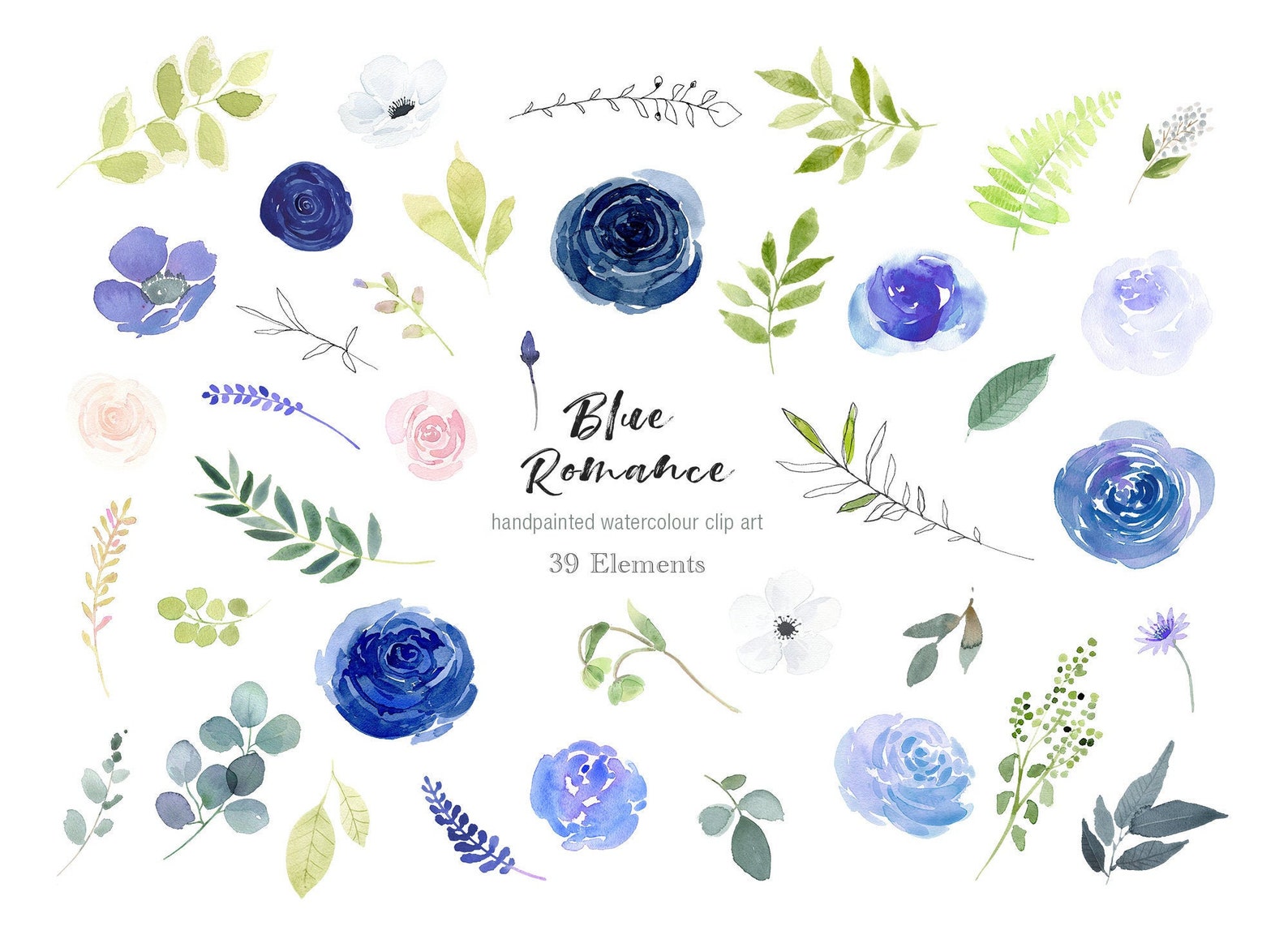 Watercolor Flower Elements Clipart Navy Blue and Blush Roses | Etsy