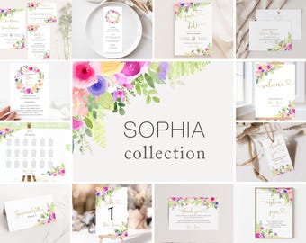 SOPHIA Wedding Invitation Bundle Templates - Digital Download, Printable, Watercolour Flowers, Colourful Spring Floral, Editable Invitation