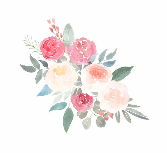 Pastel Rose Bouquets, Coral Pink Flower Graphics, Hand Painted