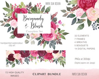 Burgundy and Blush Clip Art Bundle, Burgundy Rose Clipart Pack, Watercolor Clip Art Bundle, Burgundy & Blush Clipart Set, Large Clipart Set