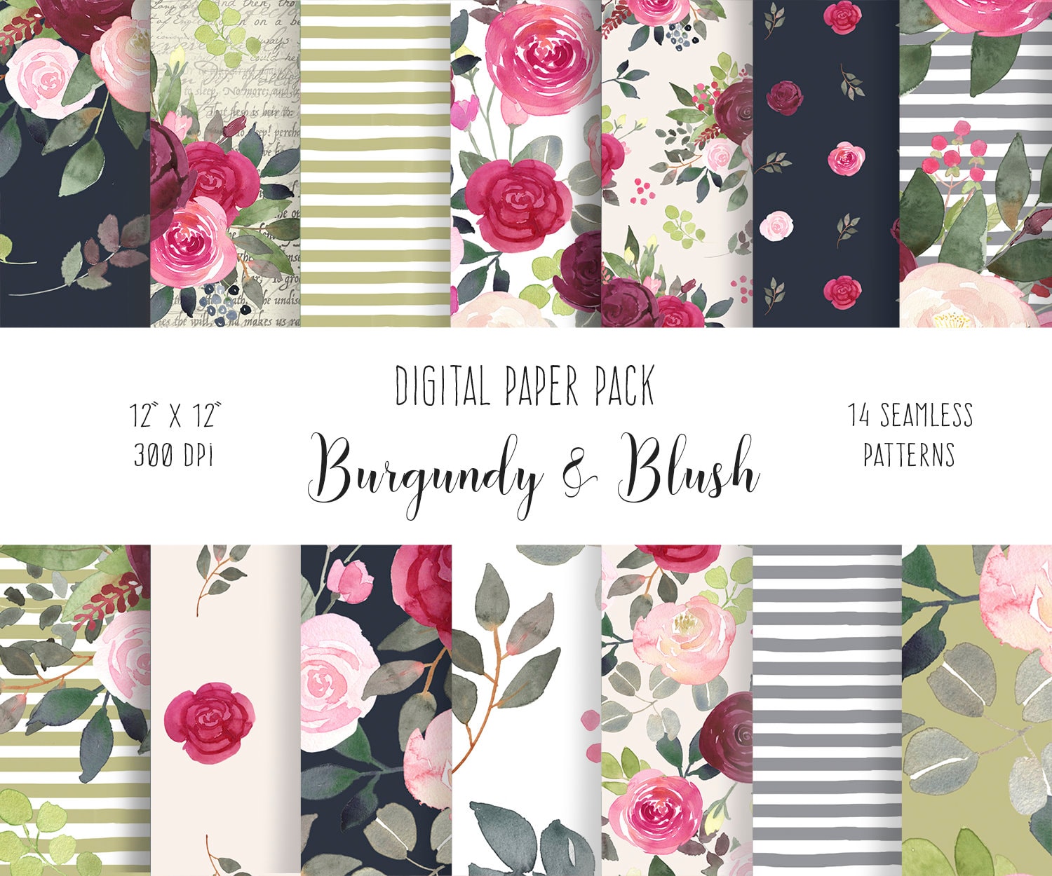Floral Flowers patterns Digital Paper Seamless Patterns Pink roses Pack of sheets Watercolor painting Scrapbooking background
