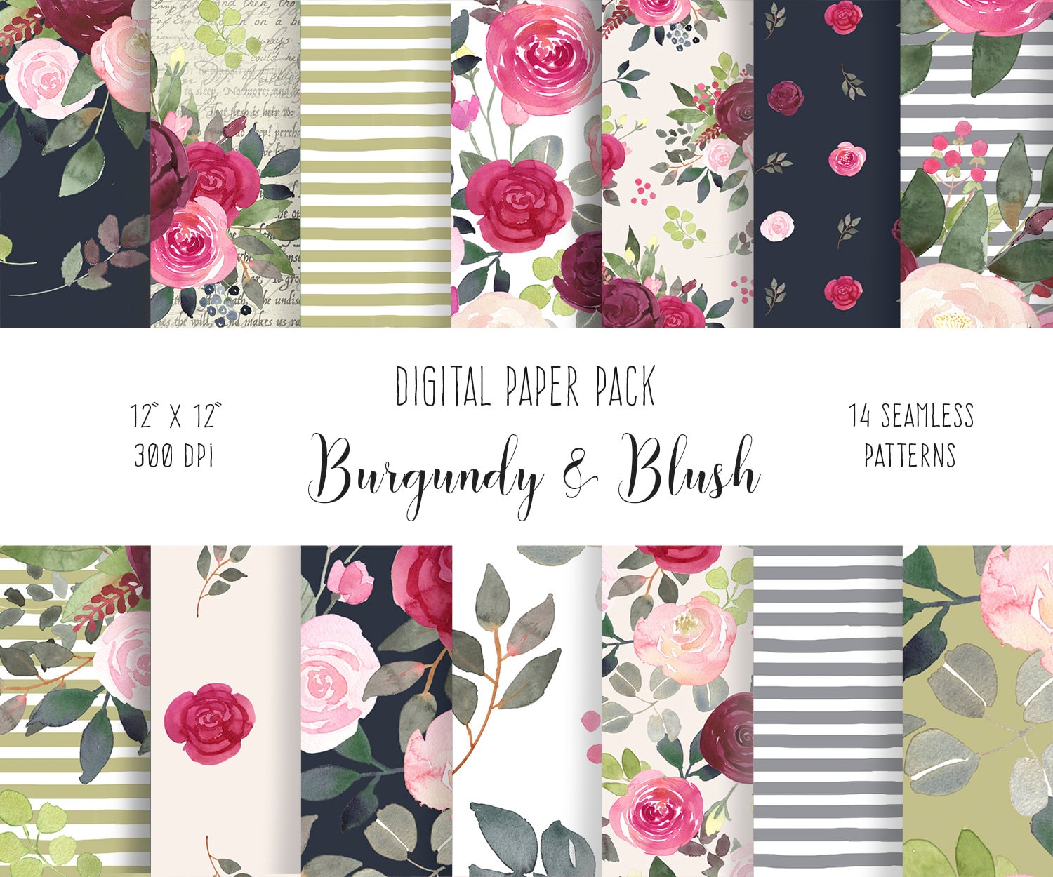 Burgundy and Blush Floral Digital Paper Watercolor Flower Downloadable Scrapbooking  Paper, Printable Rose Decoupage Paper 