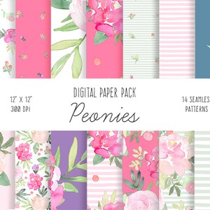 Peonies Digital Paper - floral paper pack, flower seamless pattern, peony background, pink peonies, scrapbooking paper, printable watercolor