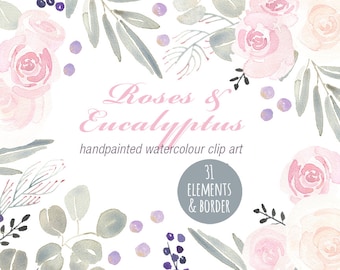 Roses and Eucalyptus Watercolour Clipart - Rose Rose Elements and Floral Border, Wedding Graphics, Cards, Digital Scrapbooking