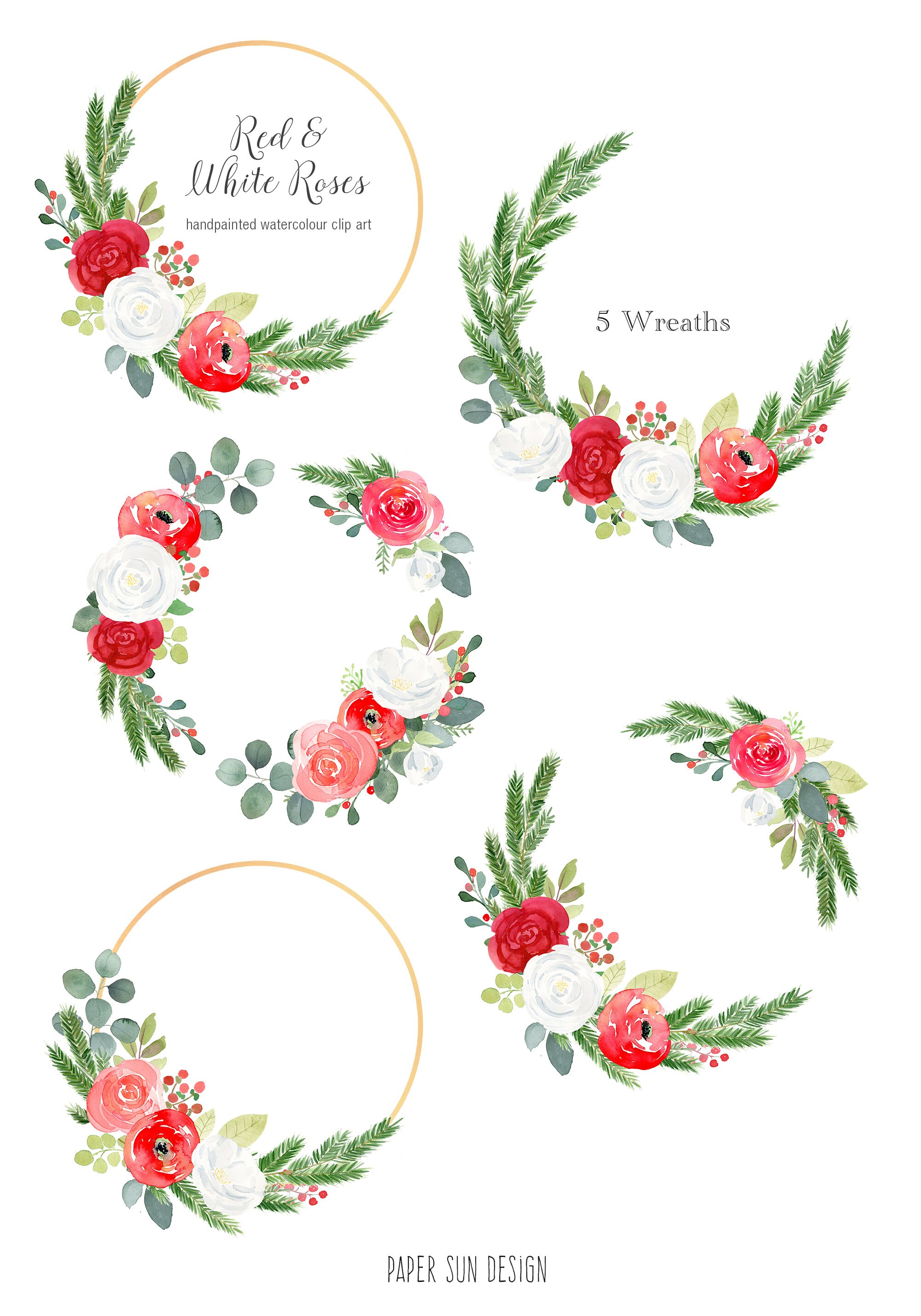 Christmas Wreath Watercolor Clipart Watercolor Red and White - Etsy