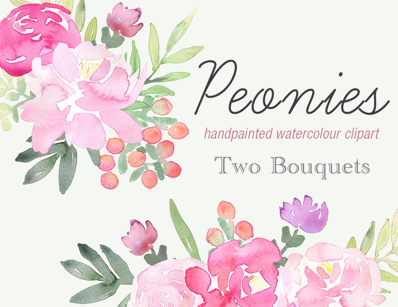 Flower PNG wedding graphics Two Bouquets floral arrangement Pink Peonies Hand Painted Clipart Pink Floral wedding floral clipart