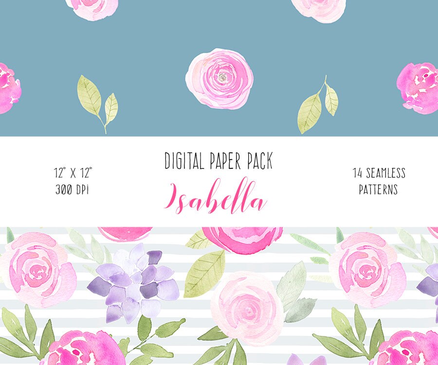 Watercolor Floral Digital Paper Pack - Decoupage Paper, Roses Repeat ...