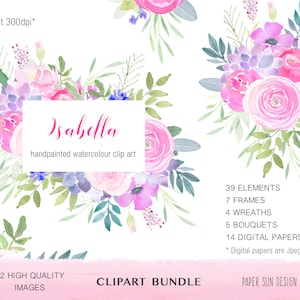 Rosa und Lila Blumen Clipart Pack, Clipart Bundle, Sommer Blumen Clipart, Aquarell Clipart Bundle, Kränze, Blumensträuße, Rahmen & Elemente