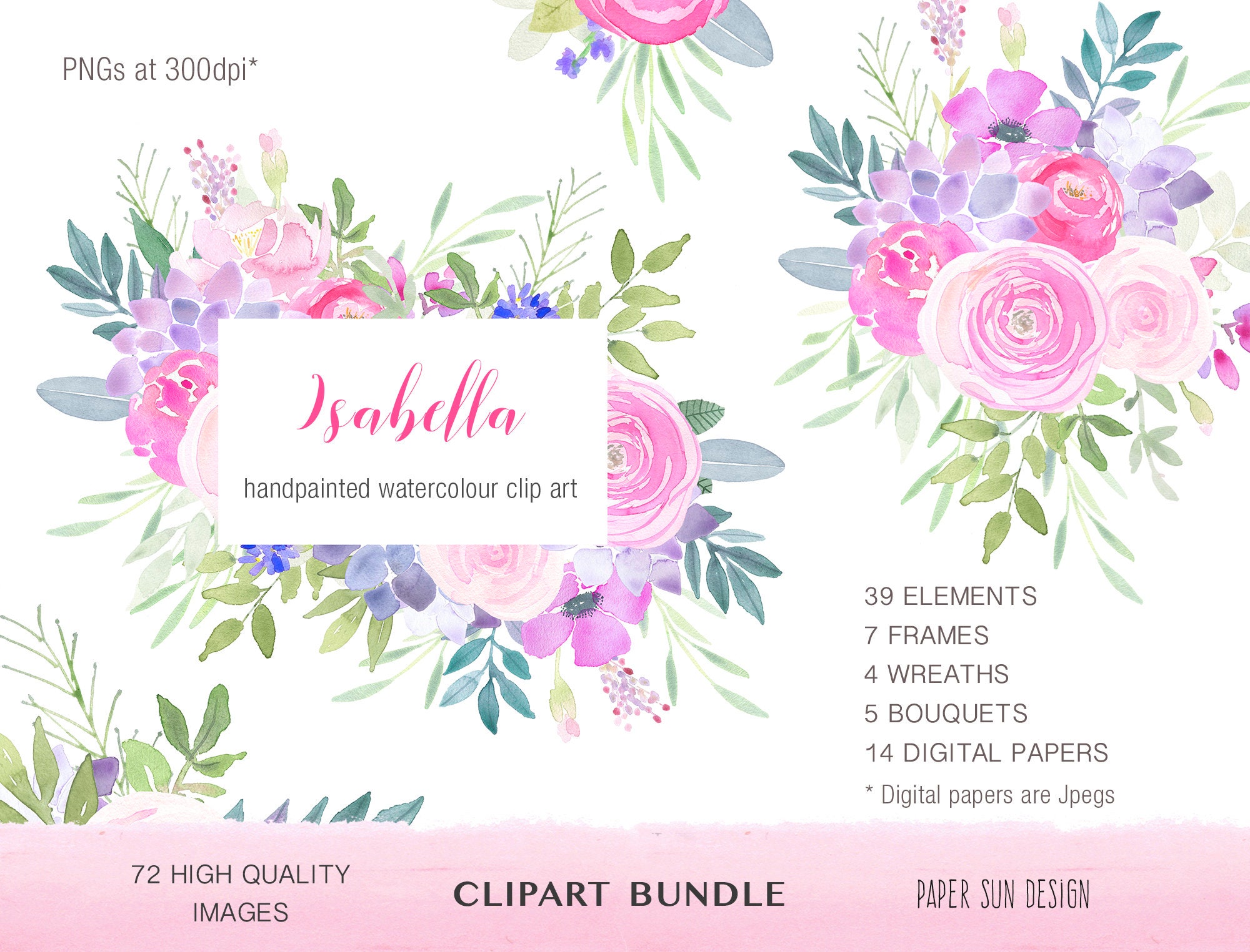 Pink and Purple Floral Clipart Pack, Clipart Bundle, Summer Floral Clipart, Watercolor Clipart Bundle,  Wreaths, Bouquets, Frames & Elements