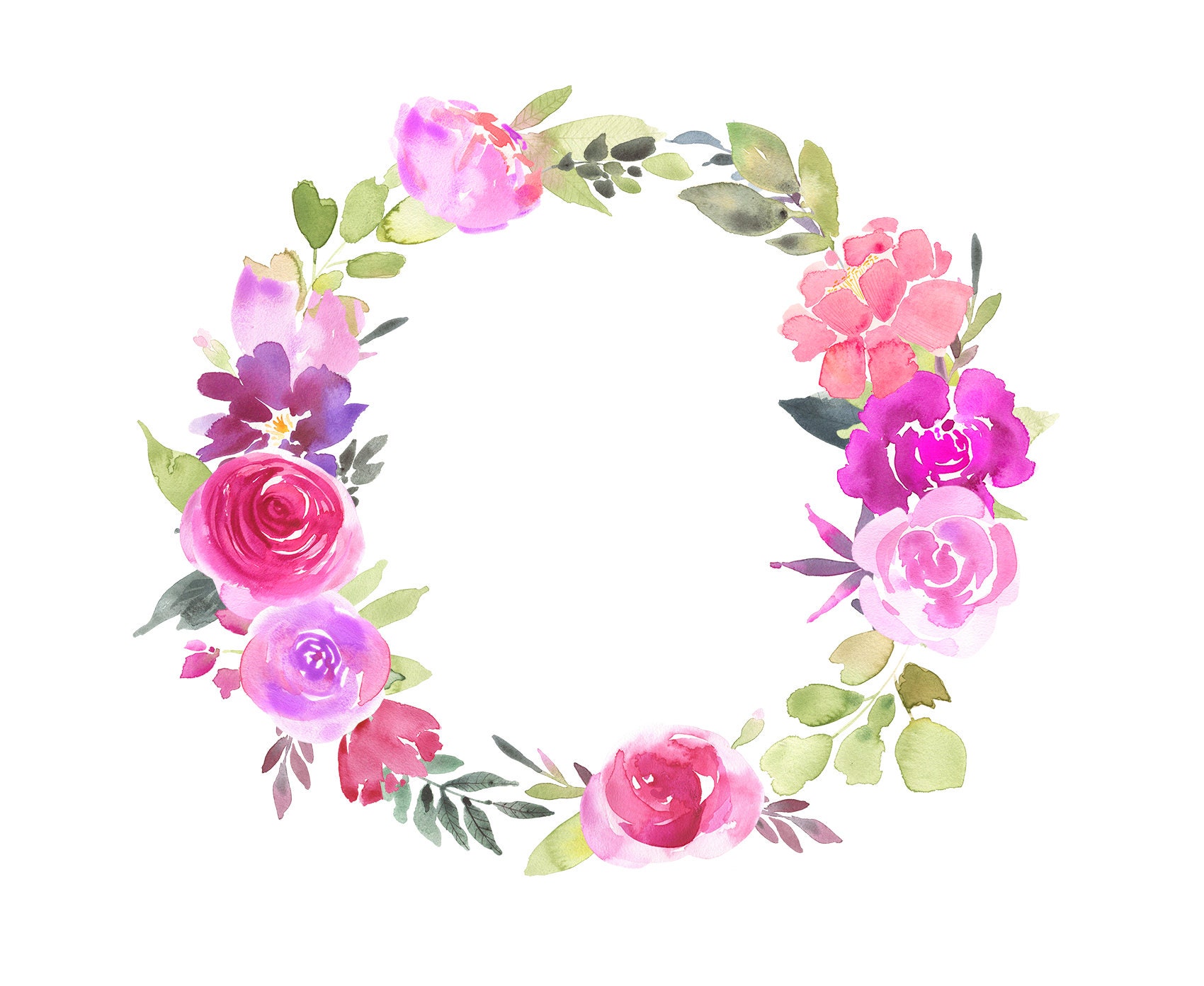 Pink Rose Clipart - Watercolor Rose Wreath Clipart, Hand Painted Floral ...