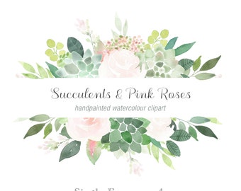 Succulents and Pink Roses Watercolor Clipart Frame, Watercolour Clip Art, Roses Clipart, DIY wedding, Logo, Branding, Website Banner PNG