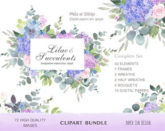 Lilac Succulents Clipart Set, Clipart Bundle, Watercolor Clipart Bundle, Lilac Floral Clip Art, Watercolor Clip Art Bundle, Wedding Clipart