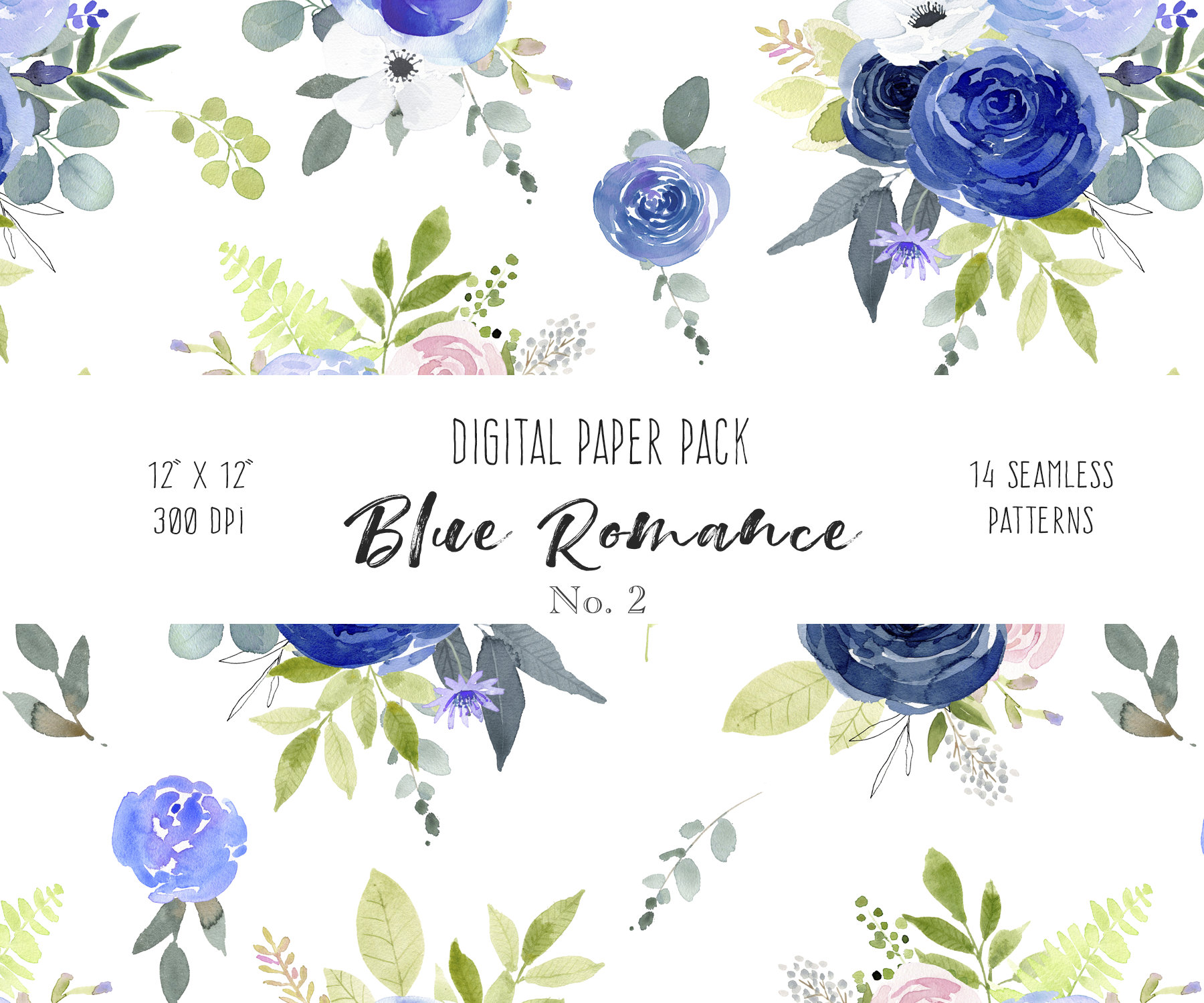 Watercolor Digital Paper Pack - Navy Blue and Pink Roses Floral Pattern ...
