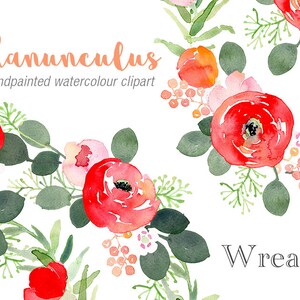 Ranunculus Watercolor Wreath, Hand Painted Clipart Wreaths,  Watercolor Christmas Flower, floral Clipart, Christmas Wedding Clipart Wreath