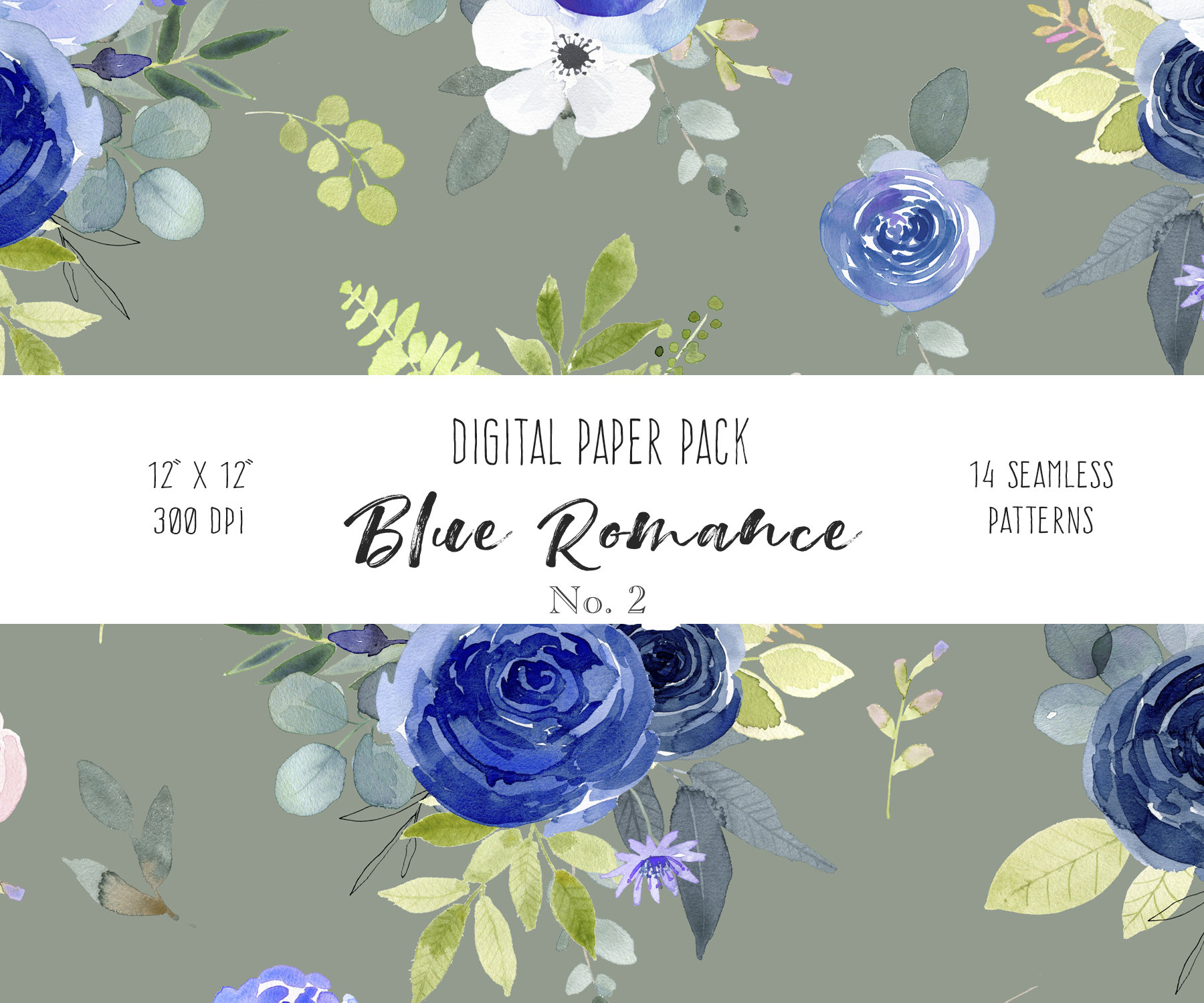 Watercolor Digital Paper Pack - Navy Blue and Pink Roses Floral Pattern ...