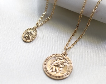 Collier Saint-Christophe rempli d'or 14 carats, colliers maman et moi, médaille Saint-Christophe, collier médaillon-collier voyageur, collier pièce de monnaie