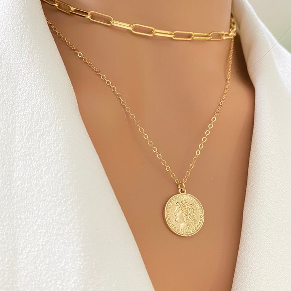 Athena necklace, 14k Gold filled Goddess Athena necklace, Small Gold coin necklace, Charm neckalce, gifts for her,  Holiday gifts