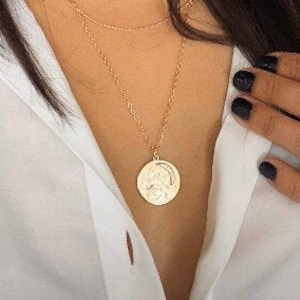 Gold Moon and star necklace, Crescent necklace, Celestial necklaces, Charm necklace, Gold coin necklace, Gifts for her,