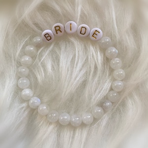 BRIDE bead bracelet- BRIDE word bracelet, gift for bride, bridal shower gift, white bride bracelet, Moonstone bride bracelet