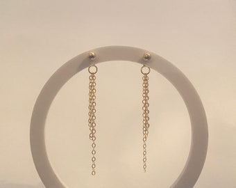 14k Gold Filled Tassel Earrings: Ball Chain Studs, 2-inch Drop