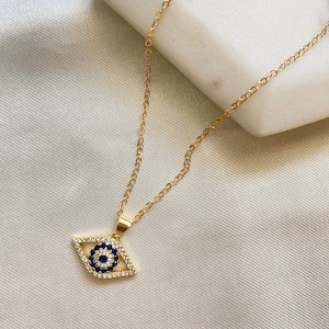 Evil eye necklace, Blue evil eye necklace, Hamsa jewelry, Dainty gold eye necklace, Gifts for her, Holiday gifts