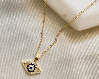 Collar de ojo malvado, collar de ojo malvado azul, joyería de Hamsa, delicado collar de ojo de oro, regalos para ella, regalos navideños