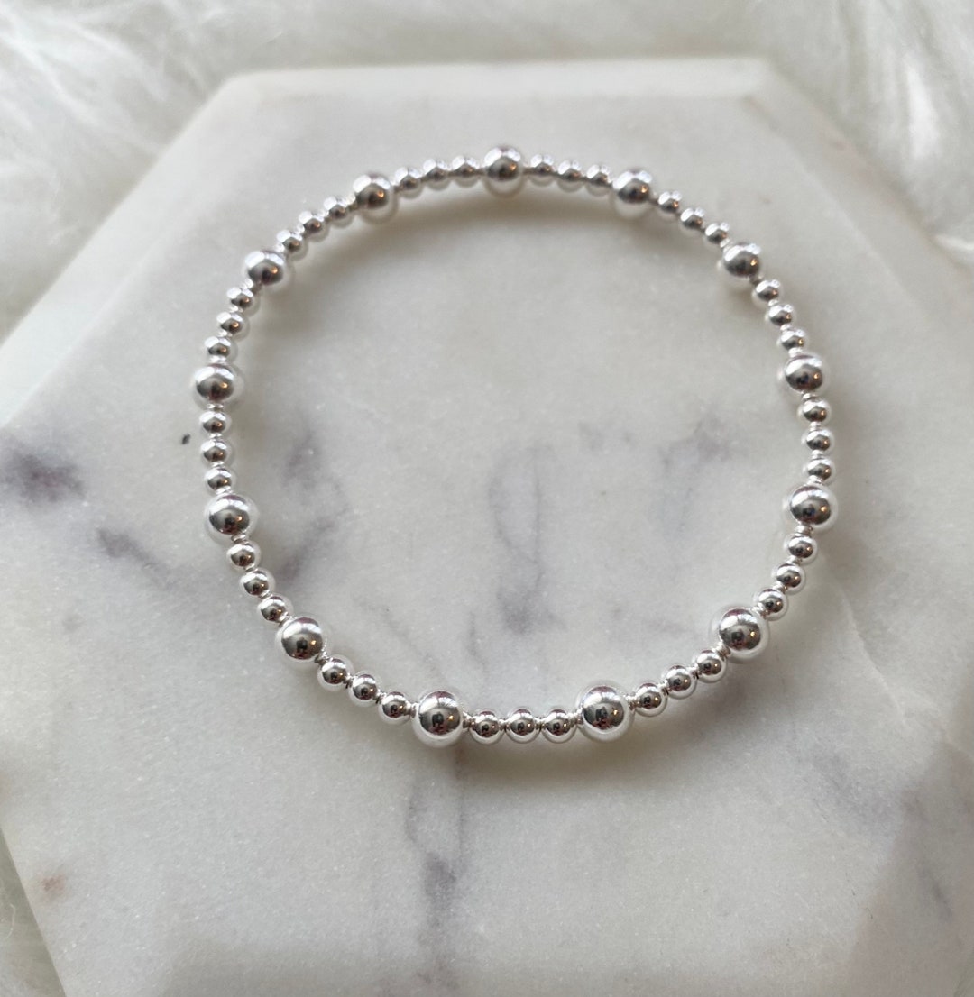 Sterling Silver Bead Bracelet, Silver Stretch Bracelet, Silver Ball ...